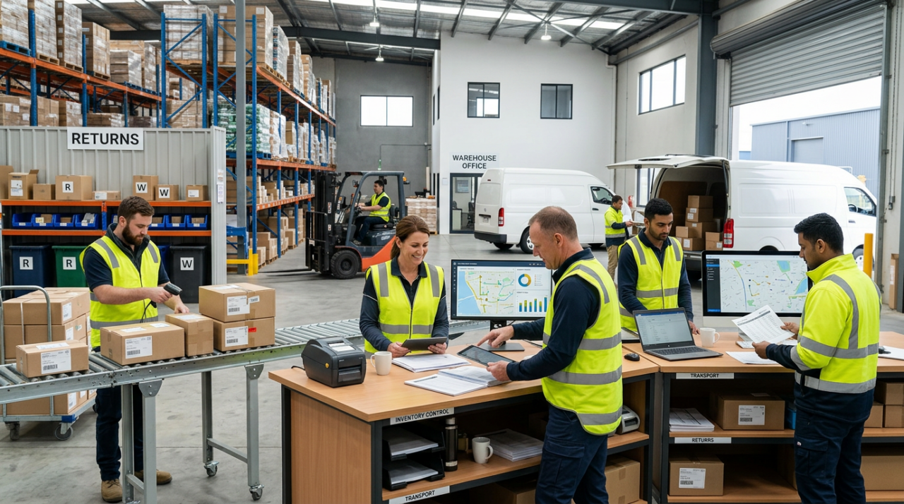 A logistics team coordinating the four core functions of logistics inside a modern warehouse and transport office.