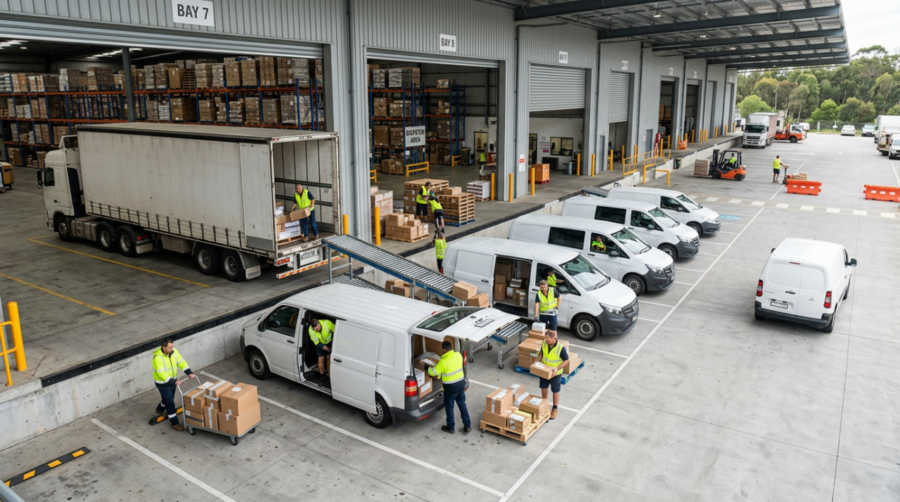 Logistics warehouse showing the last mile delivery process in action.