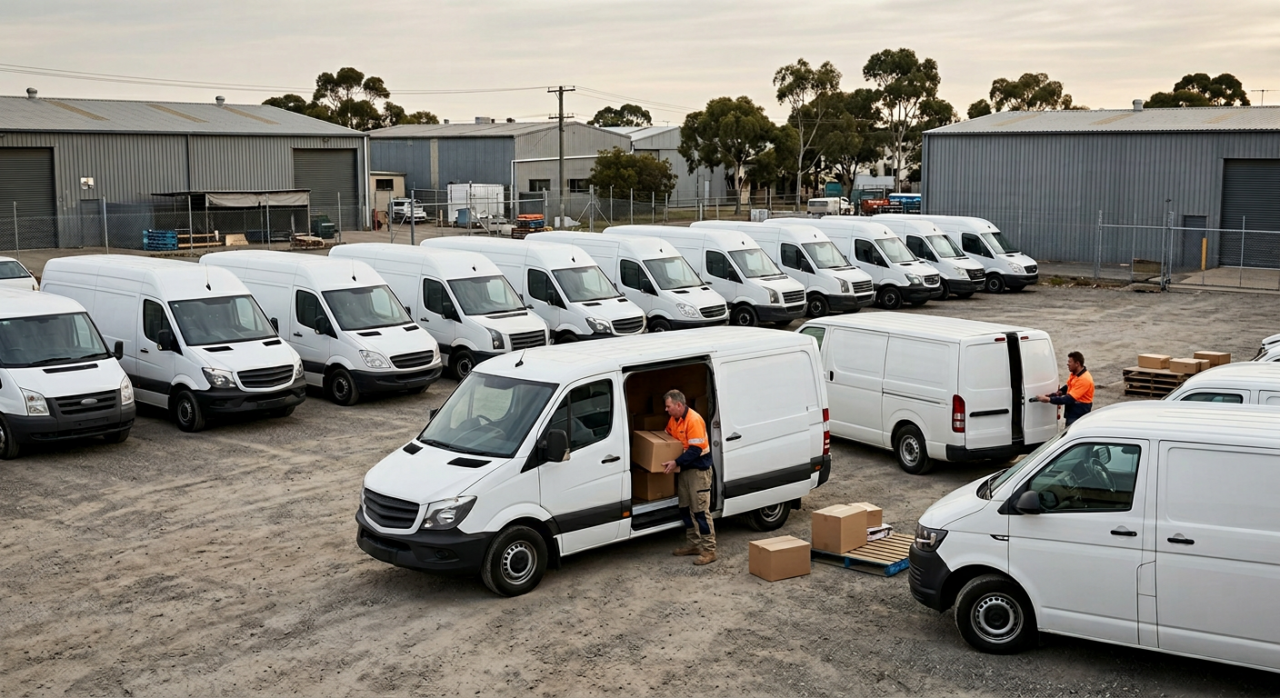 A logistics yard with multiple delivery vans parked but only one or two drivers actively loading or delivering packages, leaving other vehicles unused.