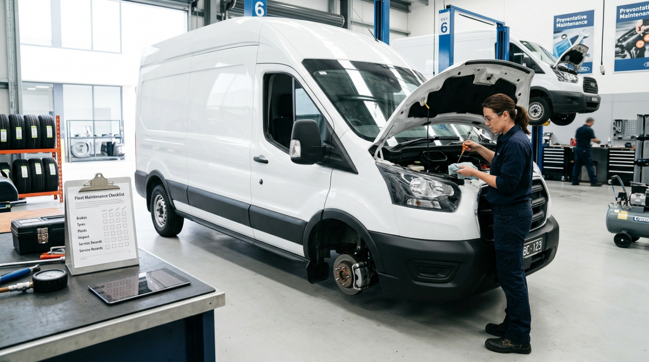A mechanic performing proactive maintenance on a clean commercial delivery van inside a modern workshop.
