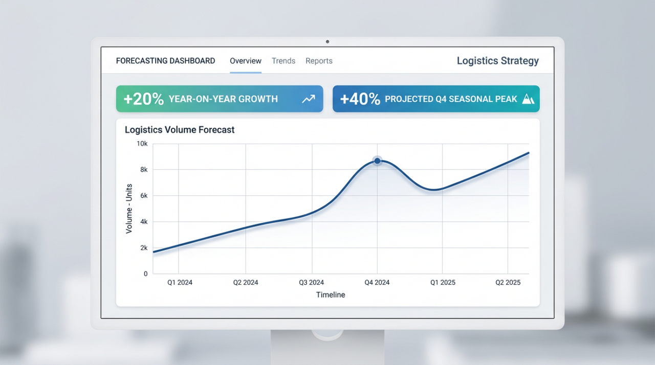 a modern dashboard with a basic line chart trending upward and a small seasonal peak near Q4.