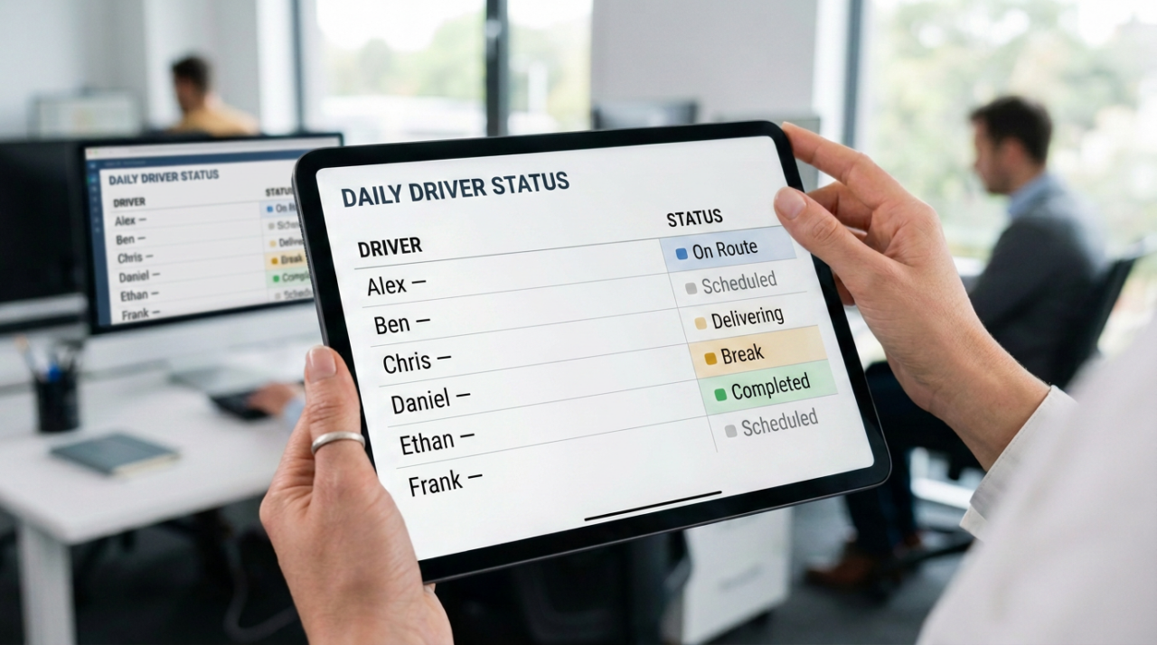 A photo of a tablet displaying a simple driver schedule with 6 names and short status labels.