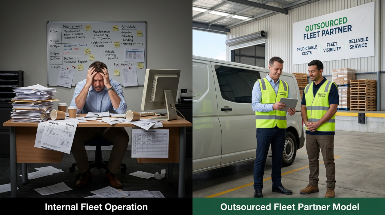 A photo showing the contrast between a stressful internal fleet operation and a calm outsourced fleet partner model.