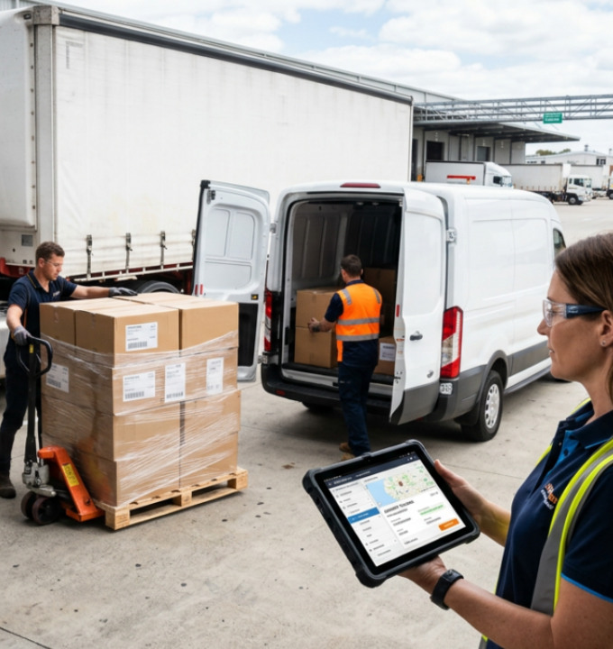 A polished B2B logistics image showing a freight handoff. (2)