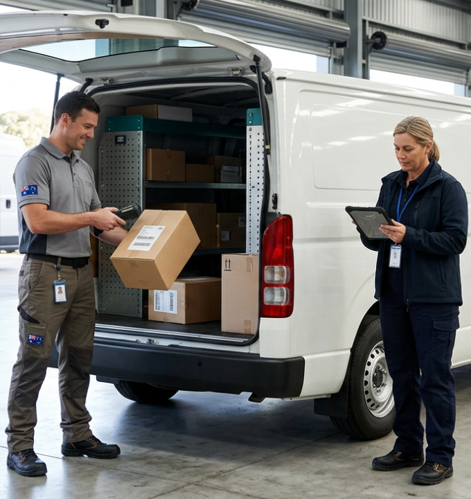 A polished B2B logistics image showing a secure chain of custody in the final-mile delivery process..