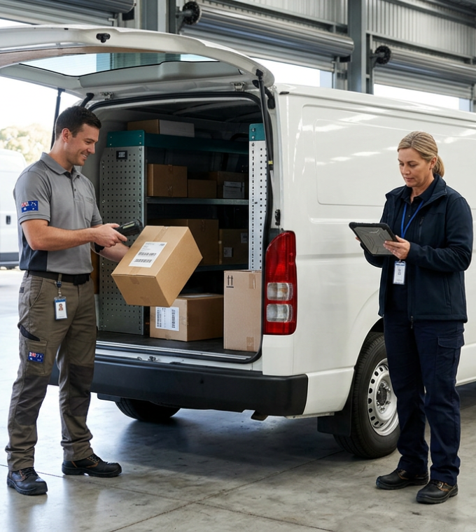 A polished B2B logistics image showing a secure chain of custody in the final-mile delivery process..
