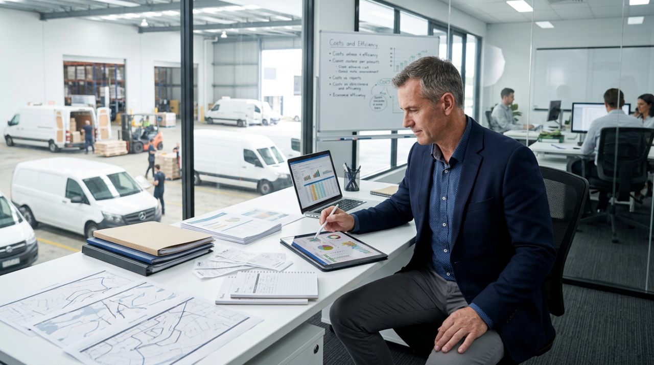 A professional Australian business owner or fleet manager reviewing fleet cost data inside a modern logistics office, with delivery vans, warehouse activity, fuel receipts, maintenance records, and route planning documents visible around them.
