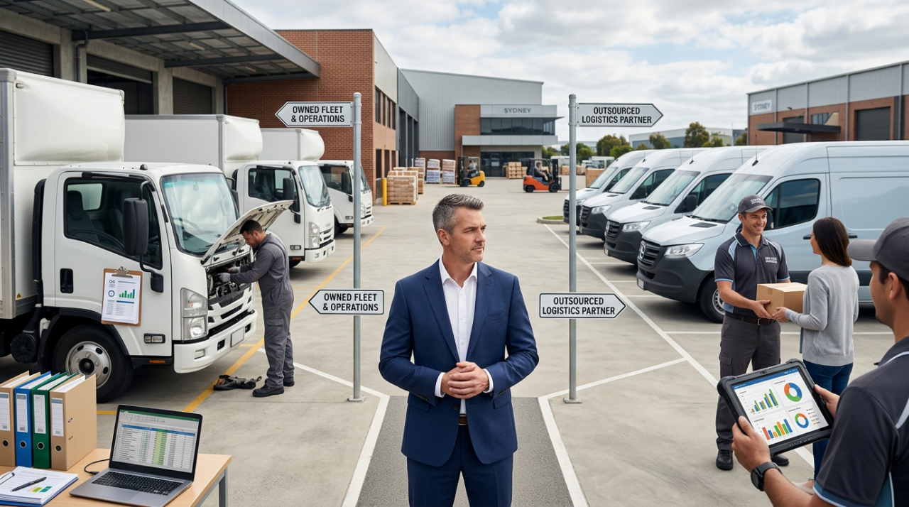 A professional Australian business owner or operations manager standing at a crossroads between two delivery fleet options: one side showing owned company trucks with maintenance paperwork, vehicle costs, and fleet management documents; the other side showing a professional outsourced delivery partner with organised vans, uniformed drivers, and a tablet displaying predictable logistics metrics.