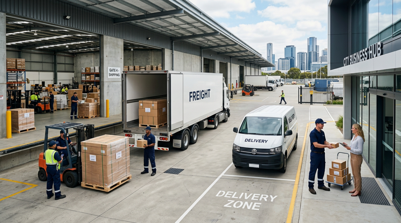 A professional Australian logistics operation showing the difference between shipping and delivery, with a modern warehouse on one side where pallets and parcels are being prepared for freight, and a branded delivery van on the other side completing a final-mile handover to a business customer.
