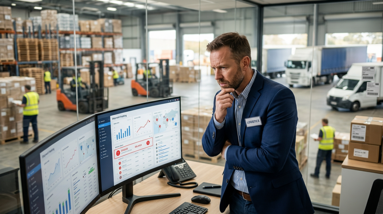 A professional Australian logistics operations manager looking concerned while reviewing a shipment tracking dashboard showing a stalled delivery status, with a warehouse, pallets, freight labels, and delivery vehicles visible in the background.
