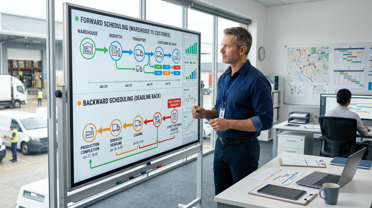 A professional Australian logistics operations manager reviewing a delivery scheduling board inside a modern transport office, with two clear planning flows represented visually: one showing forward scheduling from warehouse stock to customer delivery, and another showing backward scheduling from a strict customer deadline back to dispatch and production. 