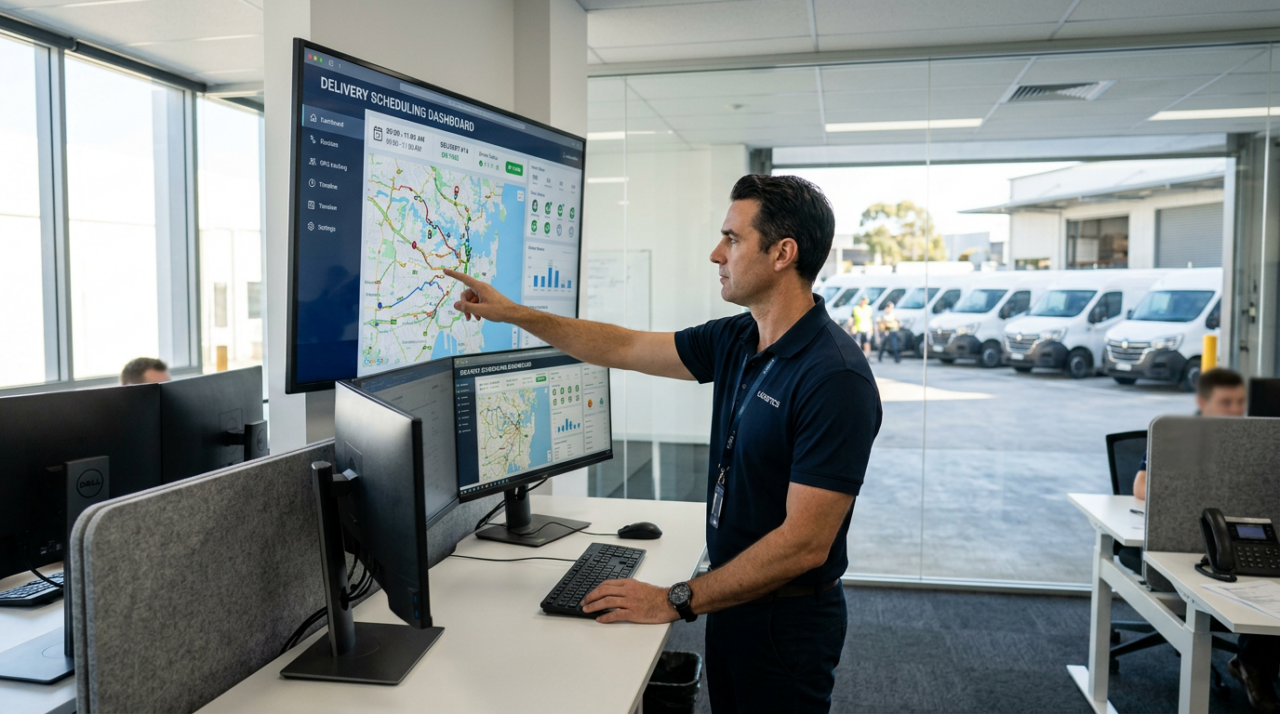 A professional Australian logistics operations manager reviewing a delivery scheduling dashboard inside a modern transport office, with route maps, delivery timelines, GPS tracking, and organised delivery vans visible in the background.
