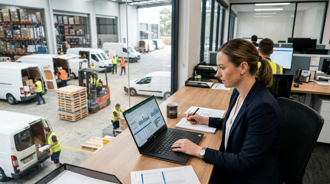 A professional Australian logistics operations manager reviewing delivery cost data on a laptop inside a modern transport office, with delivery vans, warehouse activity, pallets, and drivers visible in the background.