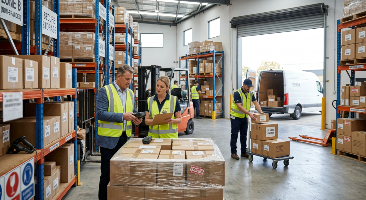 A professional Australian logistics scene showing a business owner and operations manager inspecting high-value inventory in a warehouse while a dedicated delivery driver prepares goods for dispatch.