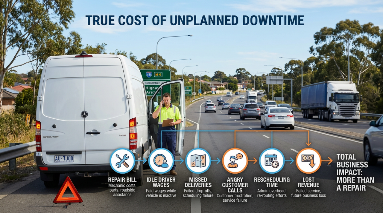 A delivery van stopped on the side of a busy road with subtle visual callouts showing the cost chain: repair bill, idle driver wages, missed deliveries, angry customer calls, rescheduling time, and lost revenue.