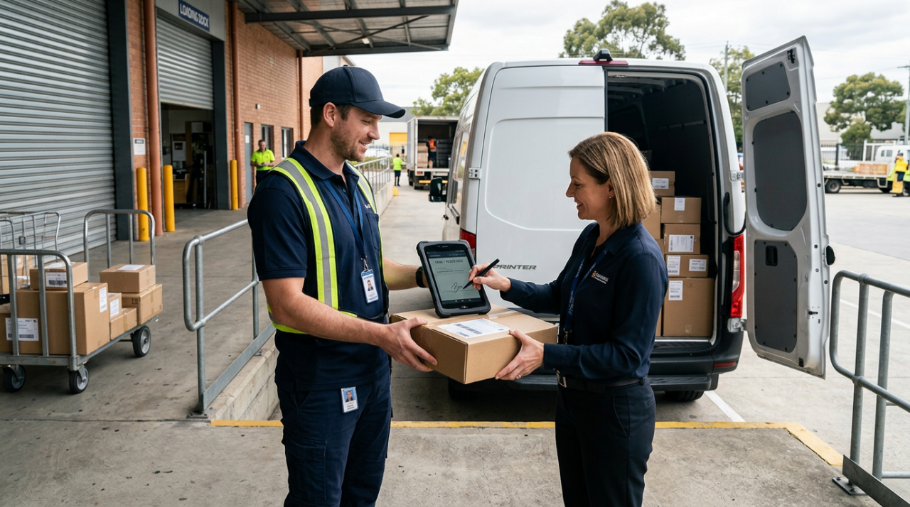 A professional dedicated delivery driver completing a secure handover to a business customer, using a tablet to capture proof of delivery with a time-stamped photo or digital signature.