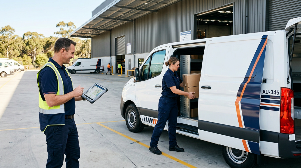 A professional dedicated delivery driver in uniform loading goods into a clean branded-style delivery van outside a modern warehouse, with an operations manager nearby checking a tablet and confirming the delivery route. 