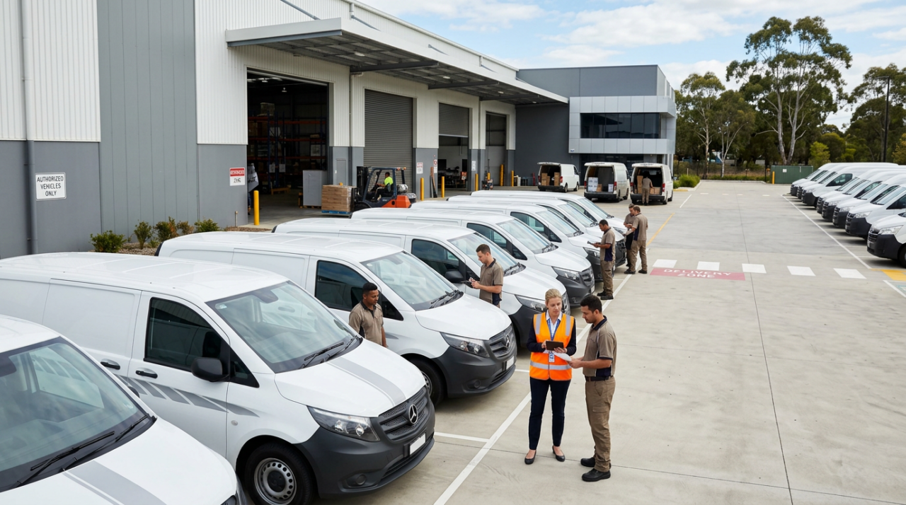 A professional dedicated delivery fleet lined up outside a modern Australian warehouse, with an operations manager coordinating drivers and checking a tablet before dispatch.