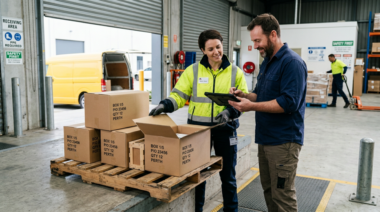 A professional delivery driver in a yellow-green safety jacket handing over boxes to a business customer at a receiving area. 
