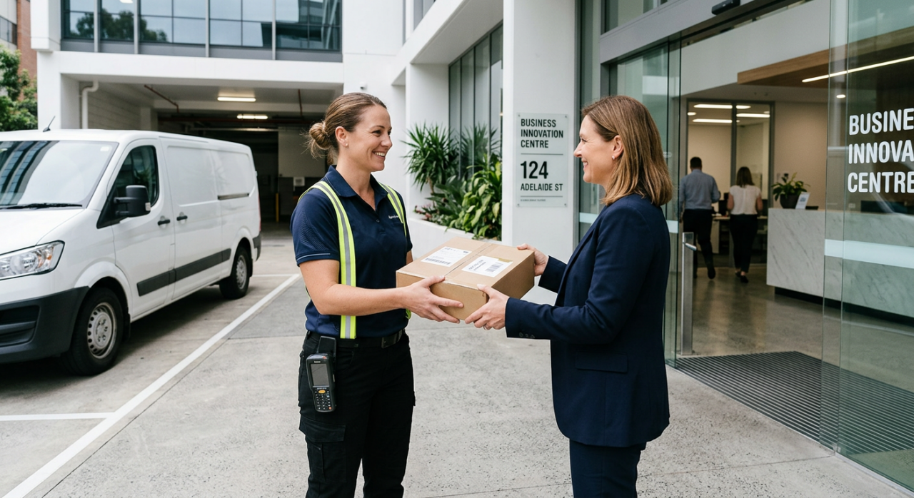 A professional delivery driver in uniform carefully handing over a package or small consignment to a business customer at a commercial loading dock or office entrance.
