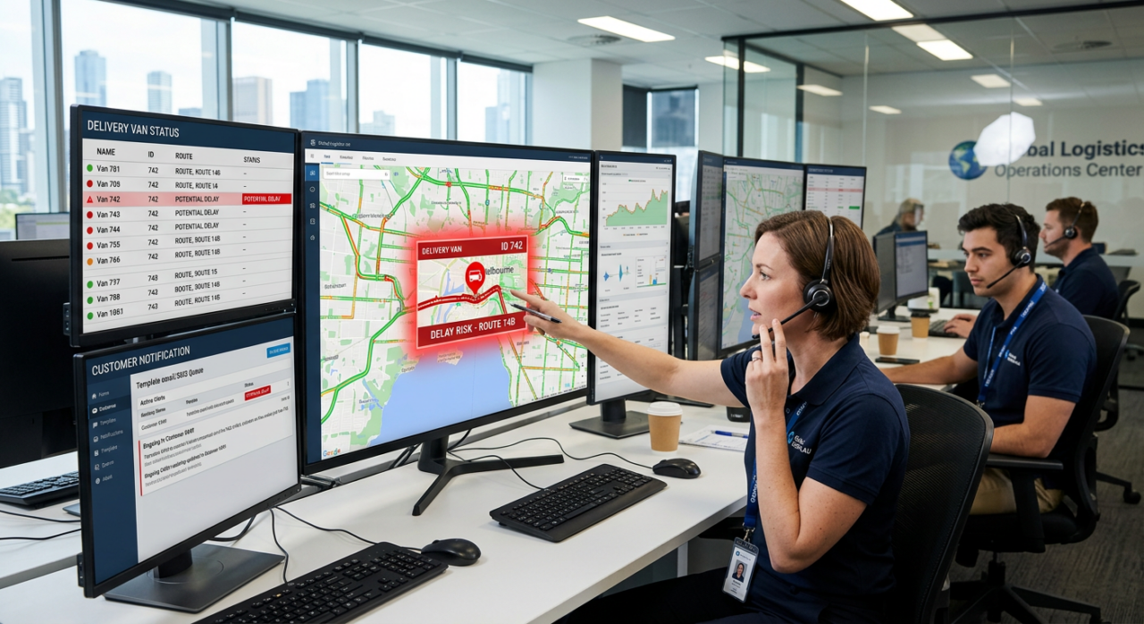 A professional logistics control room scene showing a dispatcher monitoring delivery routes on multiple screens, with one route alert highlighted as a potential delay.