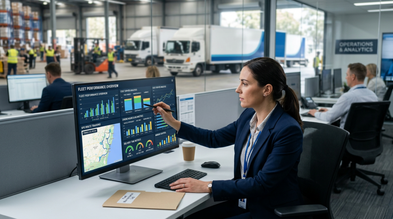 A professional logistics manager analysing fleet performance data, cost driver reports, GPS route tracking, engine hours, kilometres travelled, fuel usage, and delivery time metrics on a digital dashboard.