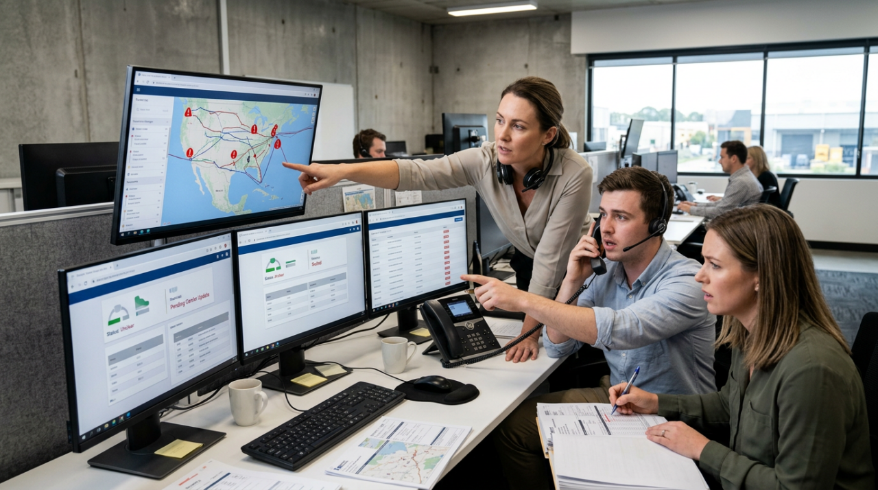A professional logistics office scene showing an operations manager and customer service team reviewing multiple shipment tracking screens with unclear or stalled delivery updates. Include route maps, freight documents, and a phone or headset to suggest the team is chasing carrier updates.