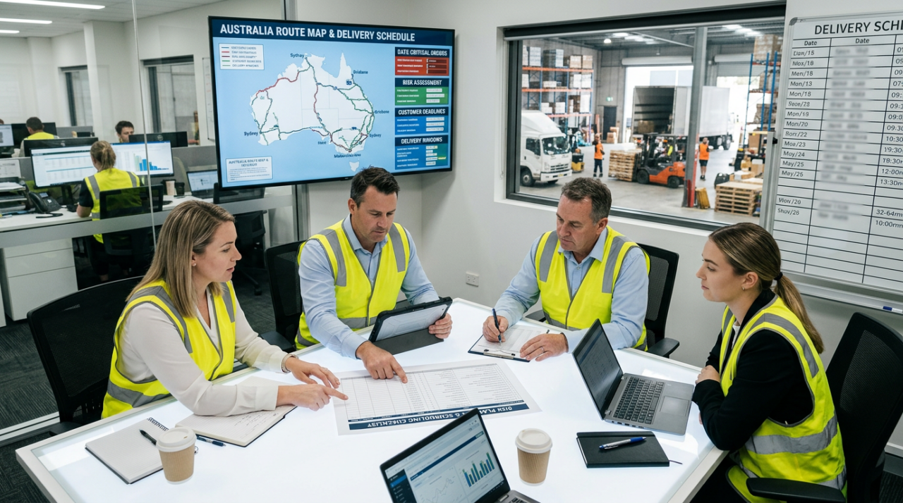 A professional logistics team reviewing a customer delivery deadline and risk planning checklist in a modern transport office, with a route map, delivery schedule, and warehouse dispatch area visible in the background.