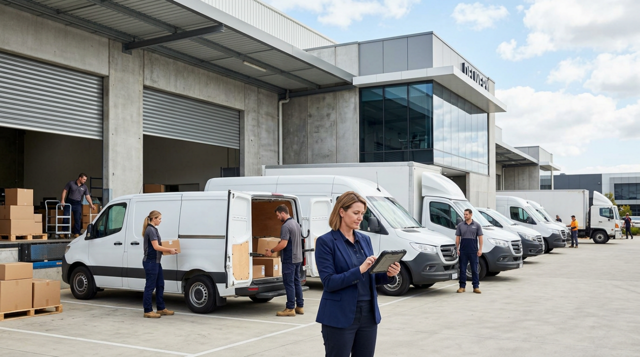A professional outsourced delivery fleet lined up outside a modern Australian warehouse, with uniformed drivers, clean delivery vans, and an operations manager coordinating dispatch on a tablet. Include a sense of flexibility and readiness, such as multiple vehicles prepared for different delivery needs.