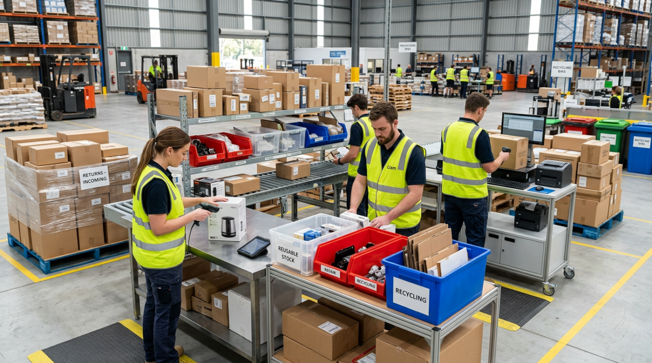 A professional returns processing area inside a clean warehouse, with staff wearing yellow-green safety vests inspecting returned goods.