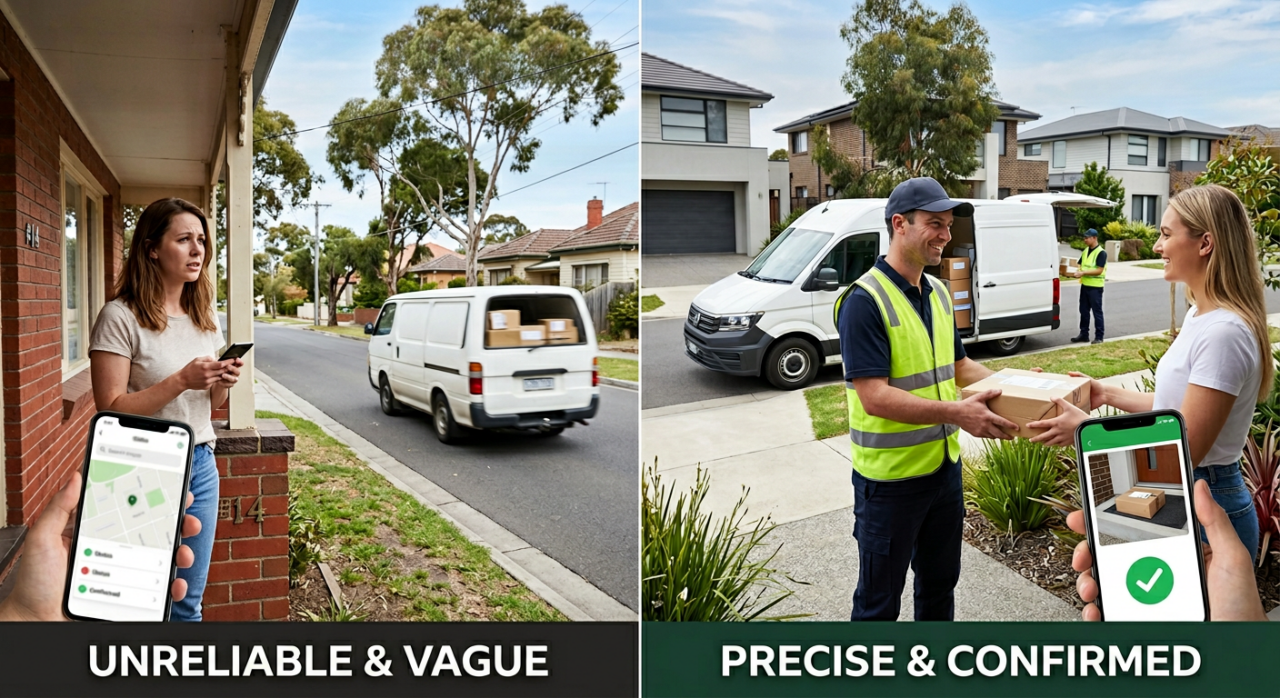 A real life with real people split-scene logistics comparison: Left side shows vague delivery tracking and right side shows precise tracking.