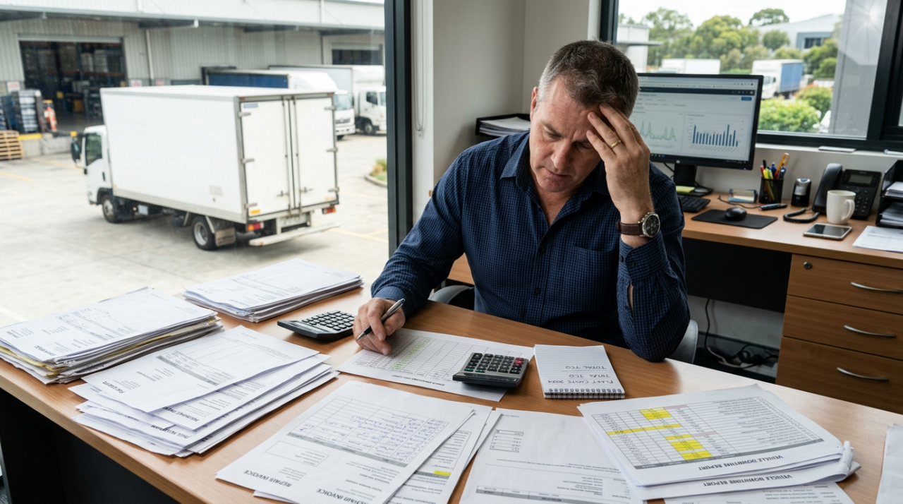 A realistic corporate logistics office scene showing a business owner or fleet manager reviewing the true cost of running an in-house delivery vehicle, with repair invoices, fuel receipts, insurance documents, driver wage calculations, and a vehicle downtime report spread across a desk. 