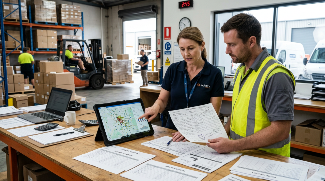 A realistic corporate logistics scene showing an operations manager comparing a driver’s completed run sheet with an optimised digital route map on a laptop or tablet. Include delivery schedules, fuel cost notes, route planning documents, and a warehouse dispatch area in the background.