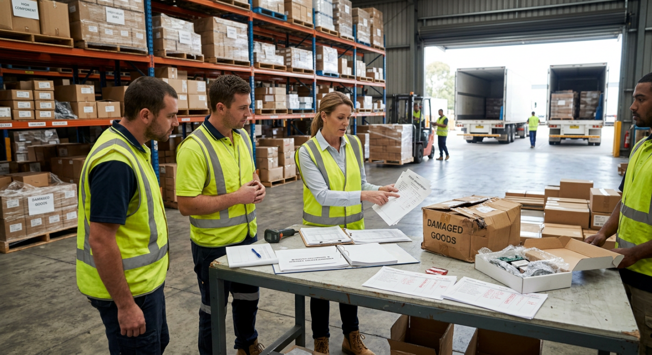 An operations manager reviewing damaged goods, missing stock records, delivery notes, and proof-of-delivery documents with warehouse staff.