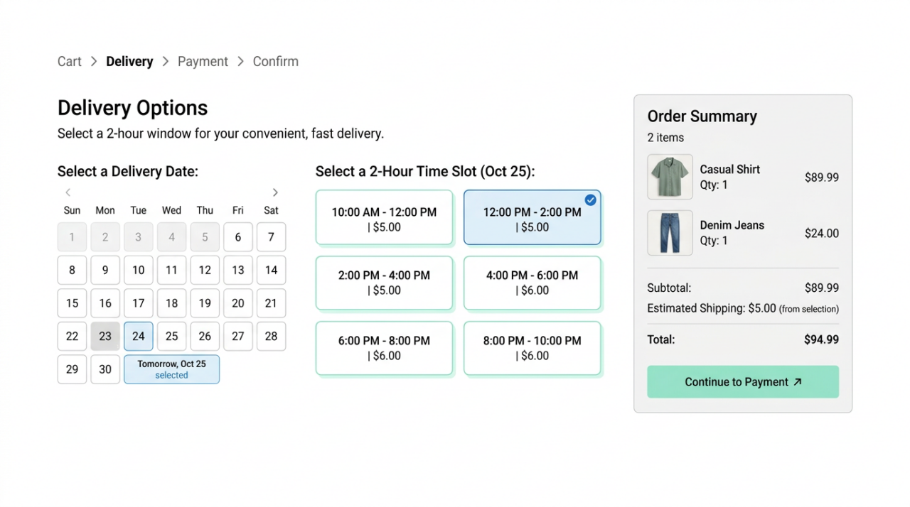  A retail website checkout page showing selectable 2-hour delivery time slots. 