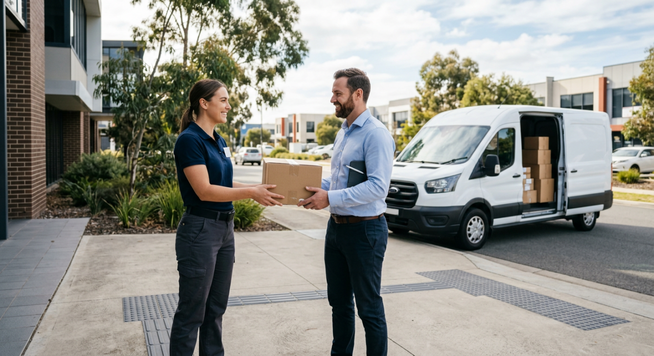 A seamless delivery moment — a professional delivery partner handing a package to a satisfied business customer right on time.