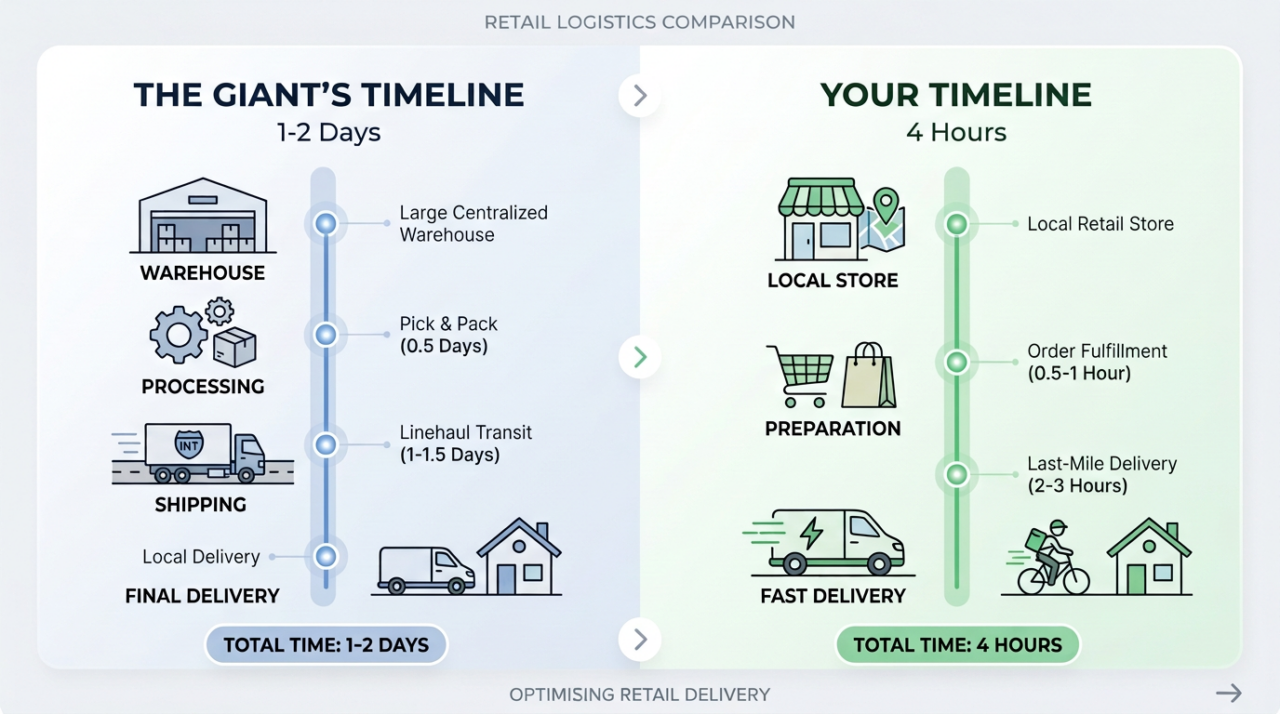 A simple, clean comparison graphic for a retail logistics showing two side-by-side timeline panels.