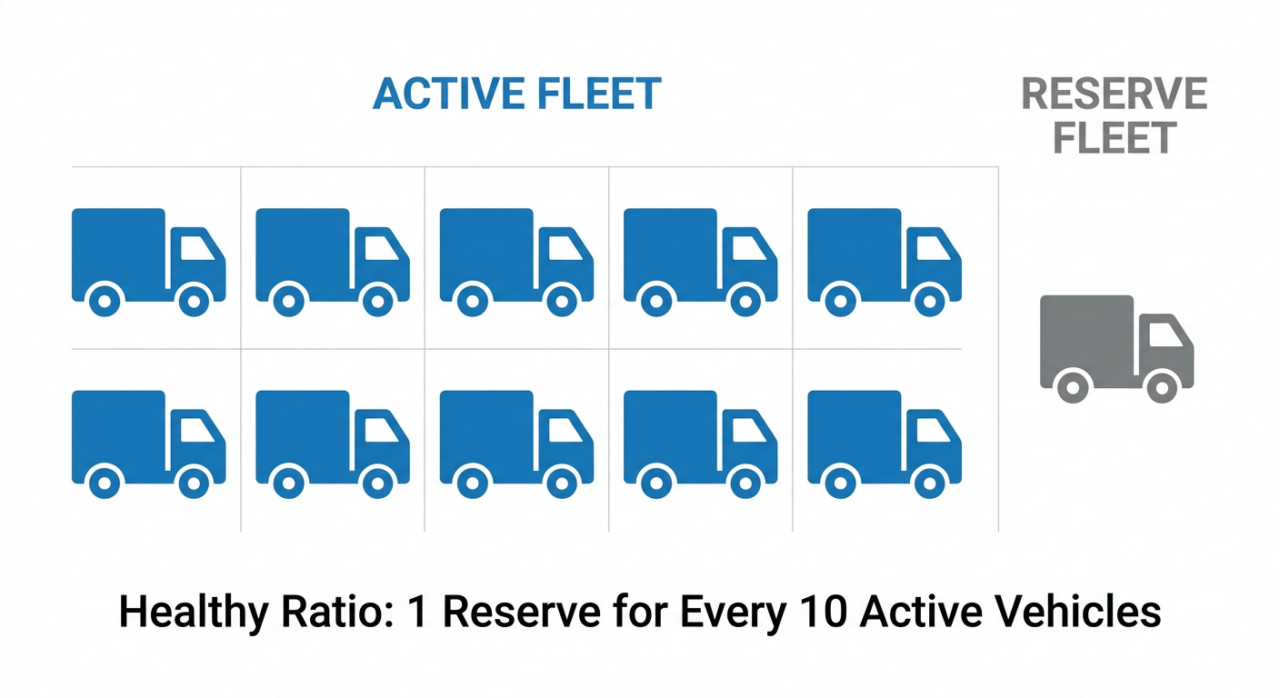 A simple clean logistics diagram showing a grid of ten blue delivery truck icons labelled “Active Fleet” and one grey delivery truck icon labelled “Reserve Fleet.”