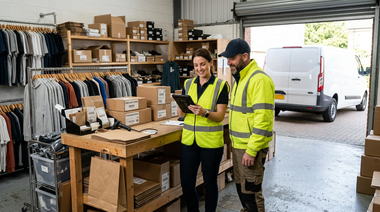 A small retail store fulfilment area with clothing racks, product shelves, shopping bags, packed online orders, and click-and-collect parcels ready for dispatch.