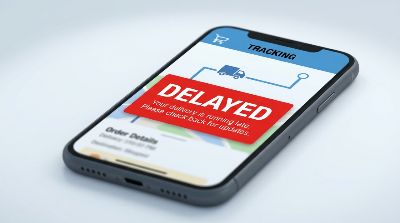 A smartphone showing a delivery app with a large red “DELAYED” notification on the screen