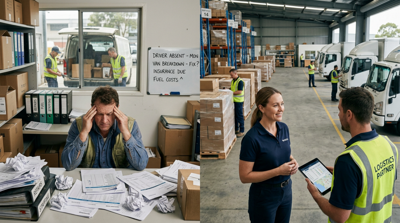 A split-scene photo showing the contrast between scaling delivery in-house and outsourcing to a logistics partner.
