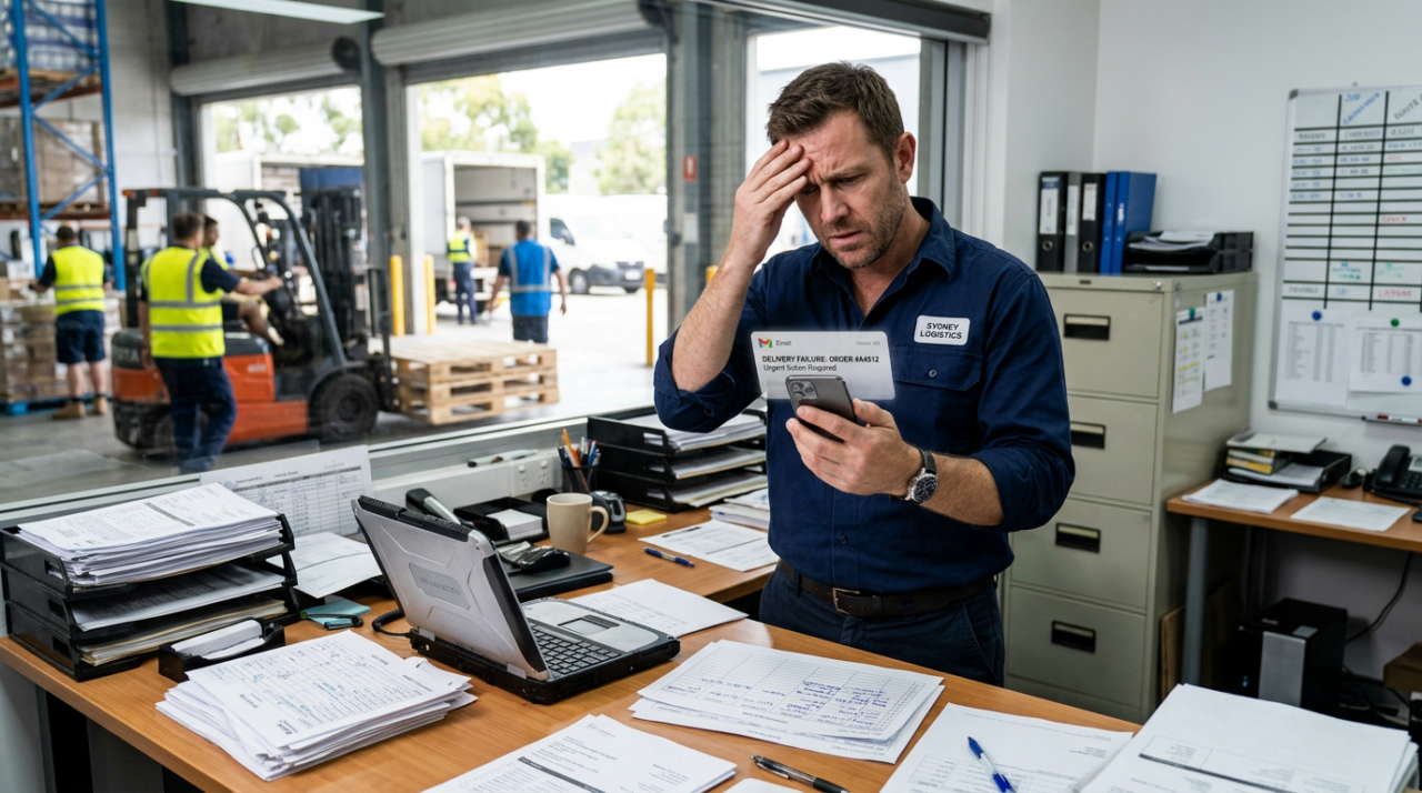 A stressed business owner or operations manager in a warehouse.