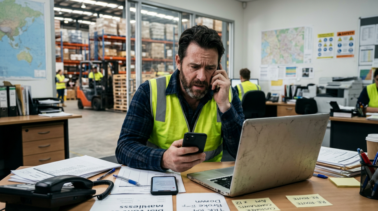 A stressed logistics coordinator in a dispatch office, wearing a yellow-green safety vest, reacting to delivery problems on a smartphone and laptop.