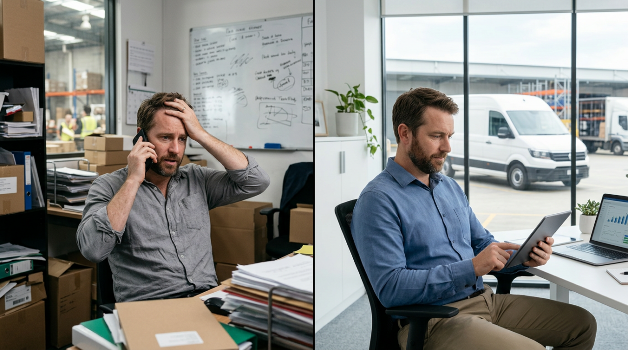 On the left side, a stressed male operations manager sits in a cluttered warehouse office, speaking on the phone with a frustrated expression, surrounded by scattered papers, delivery schedules, and a messy whiteboard in the background. On the right side, the same manager appears calm and confident, reviewing a sleek tablet in a clean, modern office, with an organised delivery van visible through the window.
