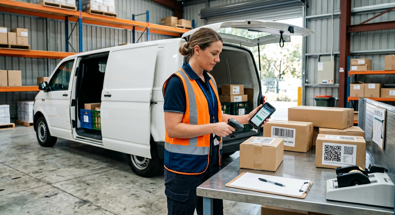 A structured delivery process scene showing a delivery partner using a mobile device to scan parcels, track deliveries, and capture proof of delivery, with a van and organised packages in the background.