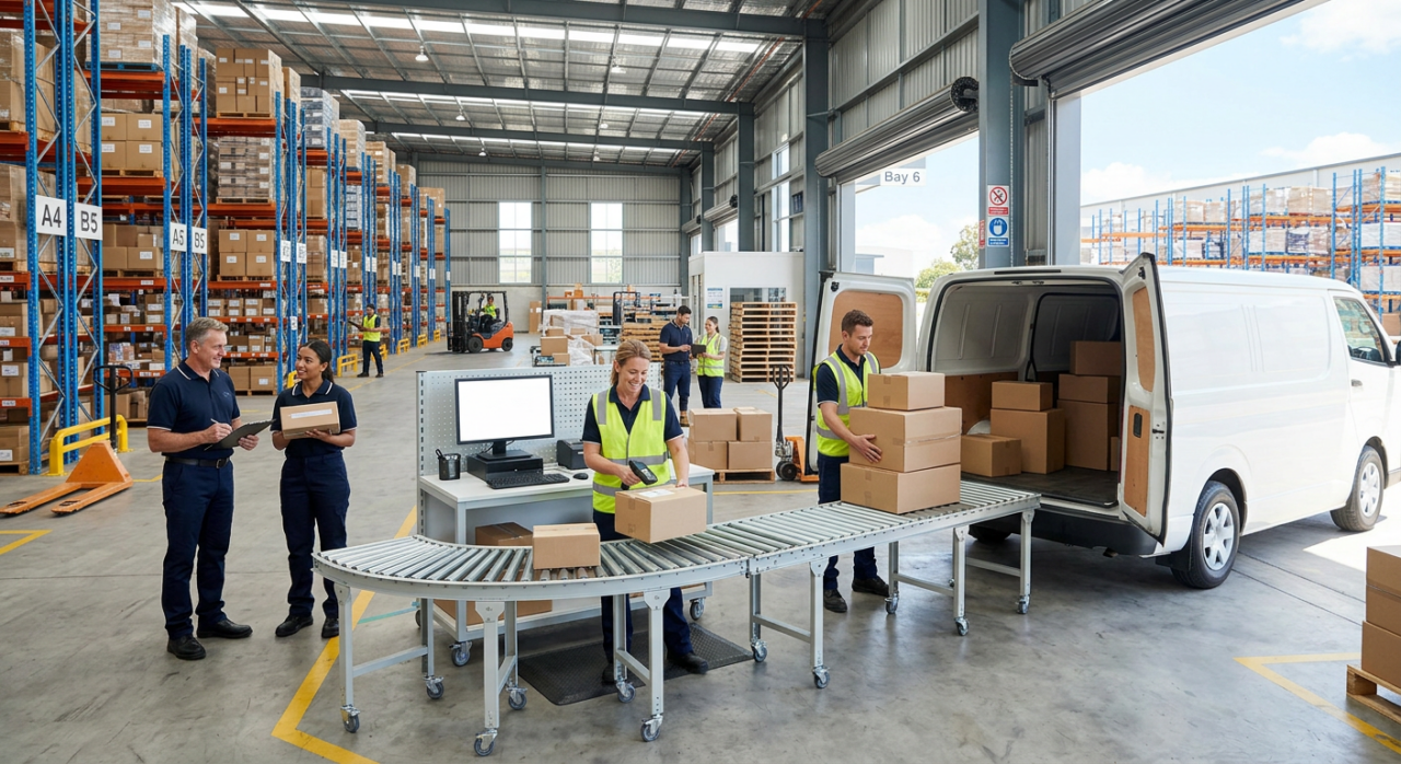 A team of delivery partners and staff collaborating in a clean, organised warehouse while actively handling packages.