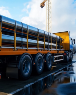 A heavy-duty truck loaded with shiny steel pipes stands ready for transport at a bustling industrial site, reflecting the clear blue sky above