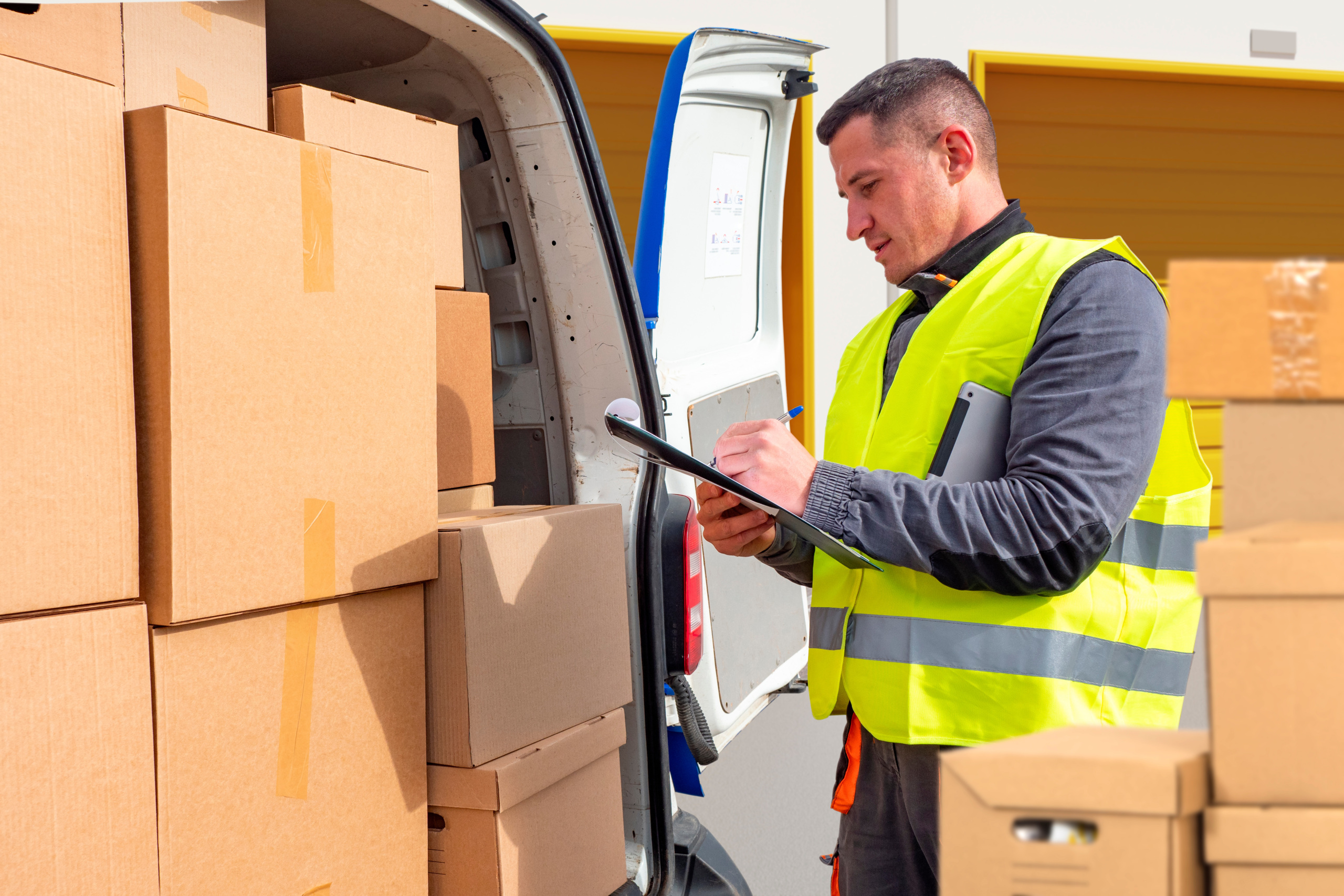 Courier at work. Delivery man near minivan with boxes. Courier makes notes on clipboard. Delivery man is counting parcels. Employee of courier company. Forwarder guy in yellow vest.