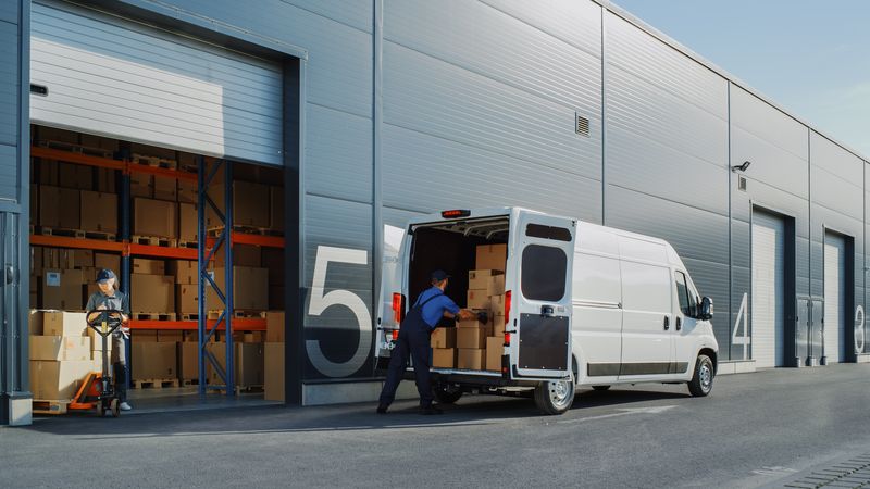 Warehouse worker lifting cardboard boxes onto a pallet beside an open delivery van loaded with packages.