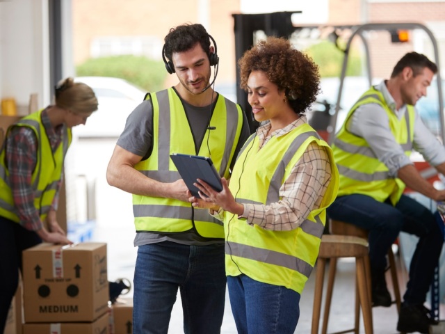 Male And Female Workers Wearing Headsets In Logistics Distribution Warehouse Using Digital Tablet